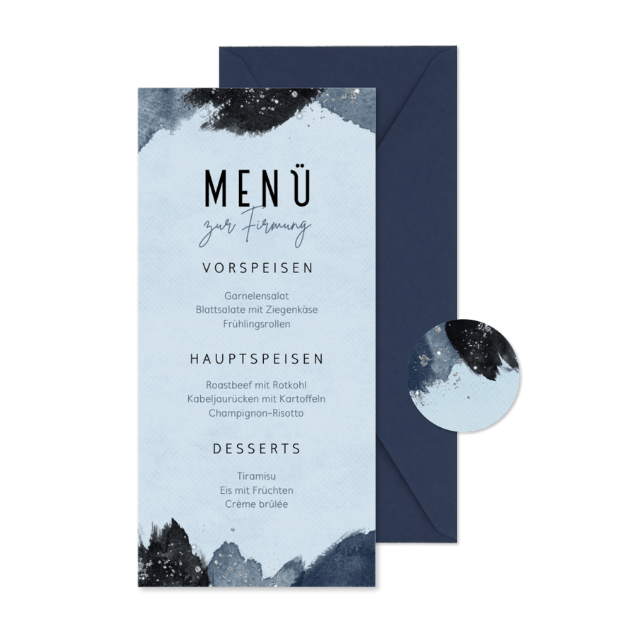 Firmungs-Menükarte blaue Pinselstriche - Karteneindruck