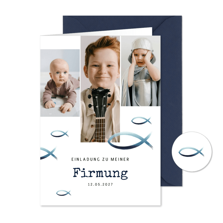 Firmungskarte Einladung Fotocollage & Fische - Karteneindruck