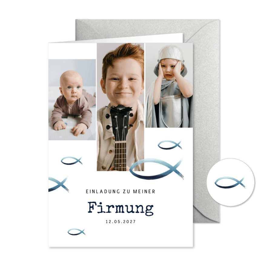 Firmungskarte Einladung Fotocollage & Fische - Karteneindruck
