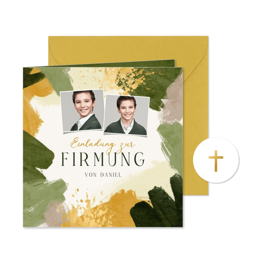 Firmungskarte Einladung Pinselstriche und Fotos - Karteneindruck
