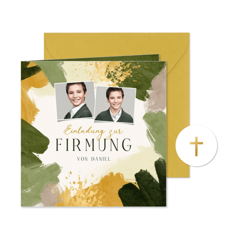 Firmungskarte Einladung Pinselstriche und Fotos - Karteneindruck
