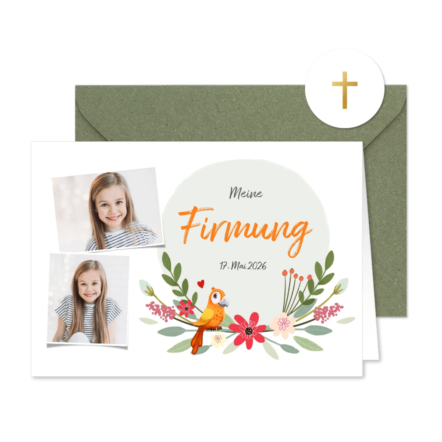 Firmungskarte Fotos Blumen & Papagei - Karteneindruck
