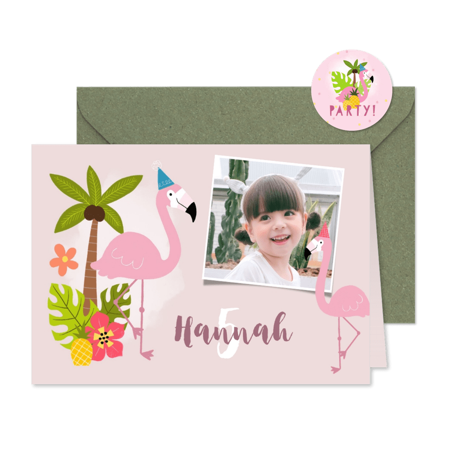 Flamingo Einladung zum Kindergeburtstag mit Foto und Palmen - Kartenvorschau