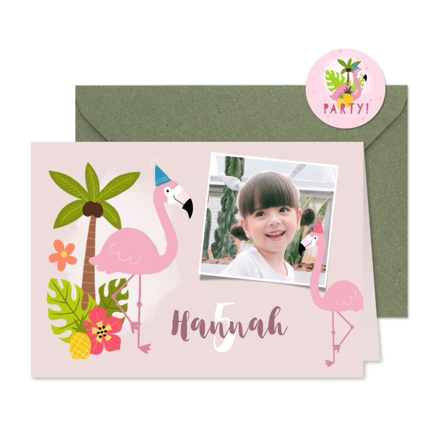 Flamingo Einladung zum Kindergeburtstag mit Foto und Palmen - Karteneindruck