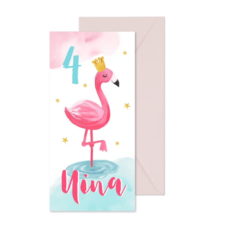 Flamingo-Einladungskarte zum 4. Kindergeburtstag - Karteneindruck