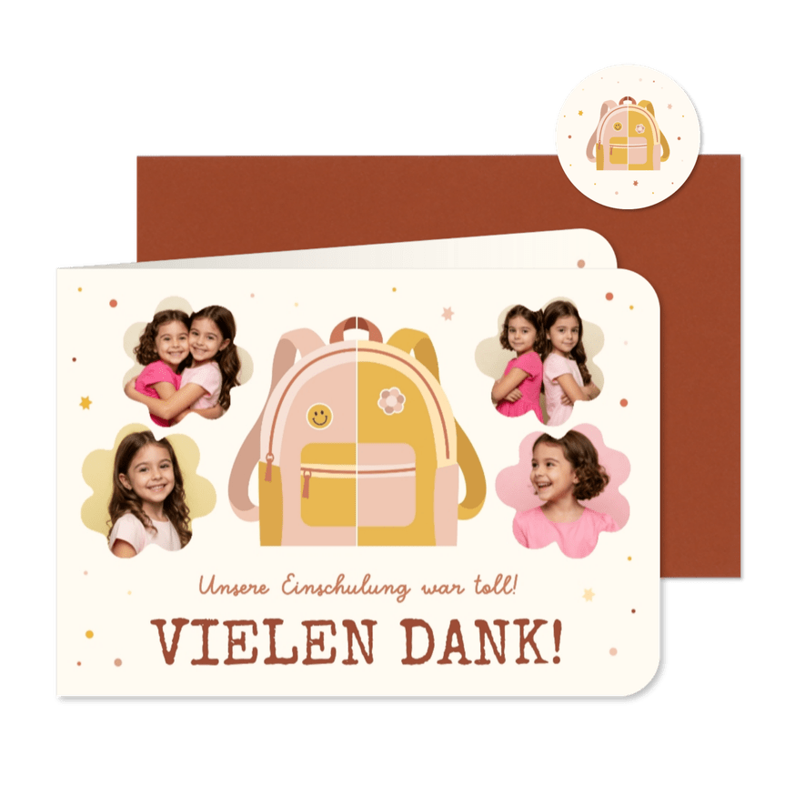 Foto-Dankeskarte 1. Schultag Zwilling rosa-gelber Rucksack - Kartenvorschau