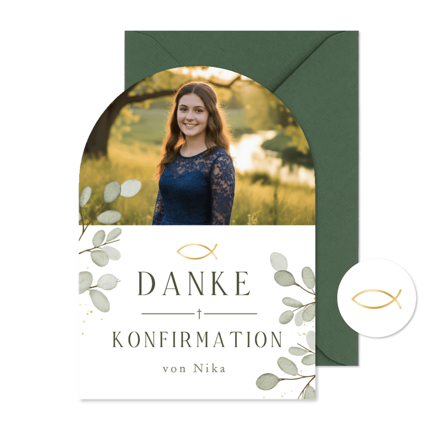 Foto-Dankeskarte Bogen Konfirmation Eukalyptusblätter - Kartenvorschau
