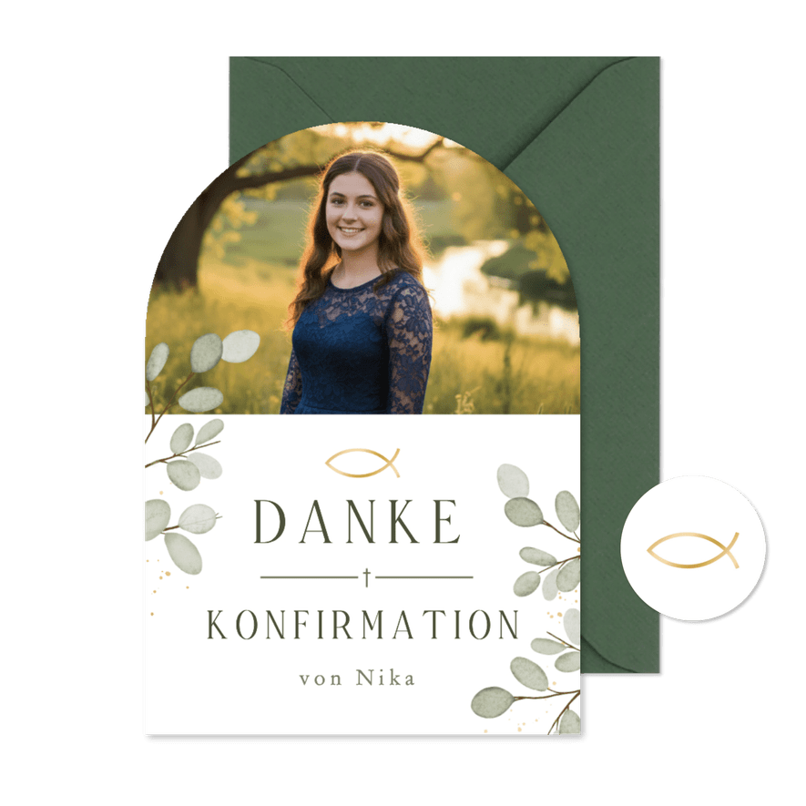Foto-Dankeskarte Bogen Konfirmation Eukalyptusblätter - Karteneindruck