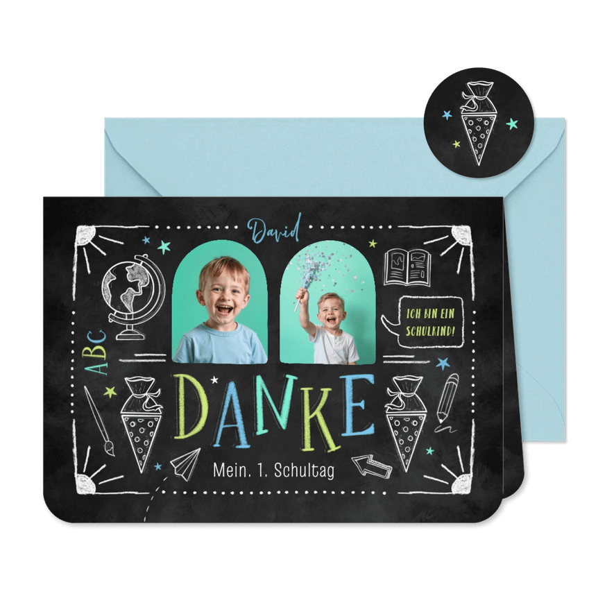 Foto-Dankeskarte Einschulung Kreide Doodles - Kartenvorschau
