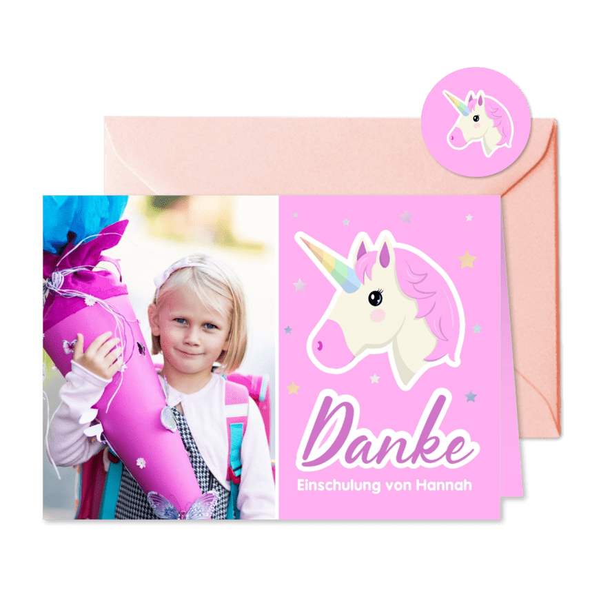 Foto-Dankeskarte Einschulung Pink Unicorn - Karteneindruck
