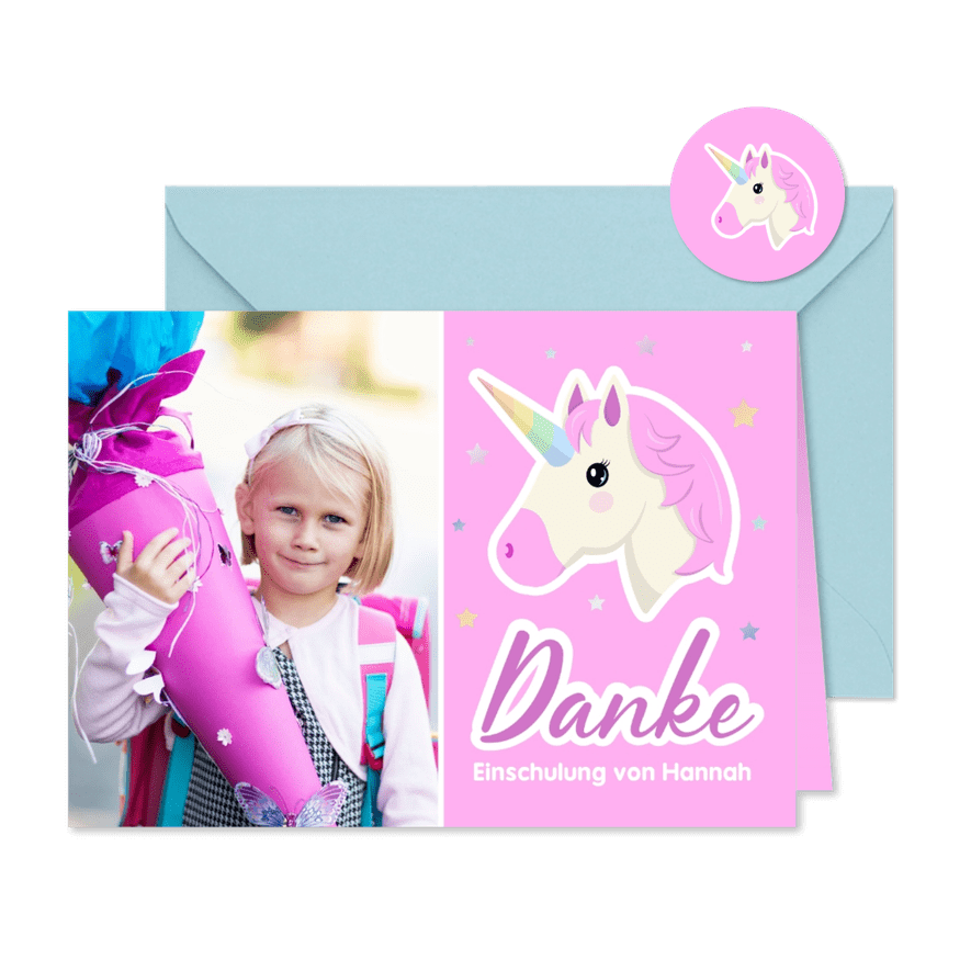 Foto-Dankeskarte Einschulung Pink Unicorn - Karteneindruck