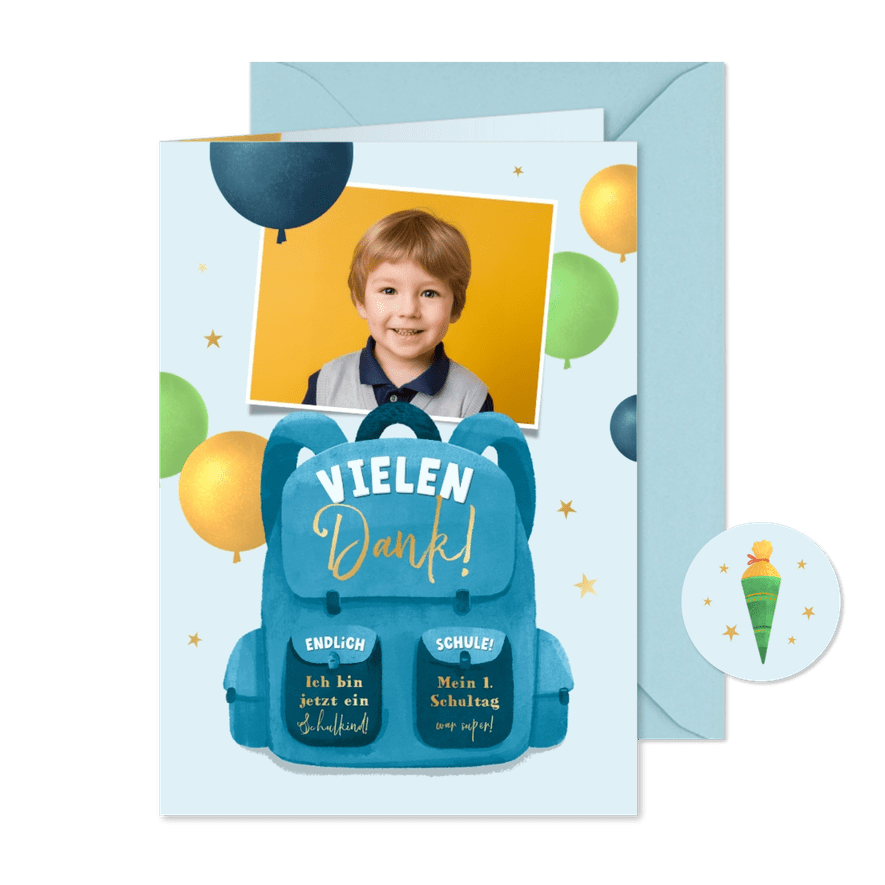 Foto-Dankeskarte Einschulung Rucksack und Luftballons - Karteneindruck
