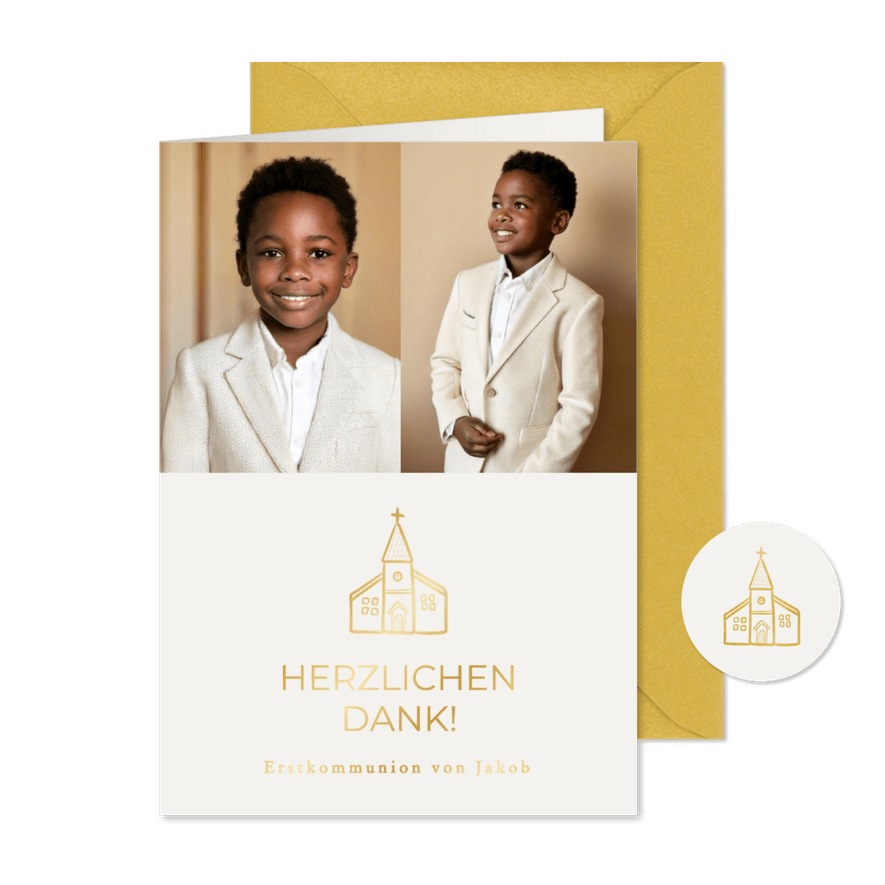 Foto-Dankeskarte Erstkommunion Kirche feine Linien - Kartenvorschau