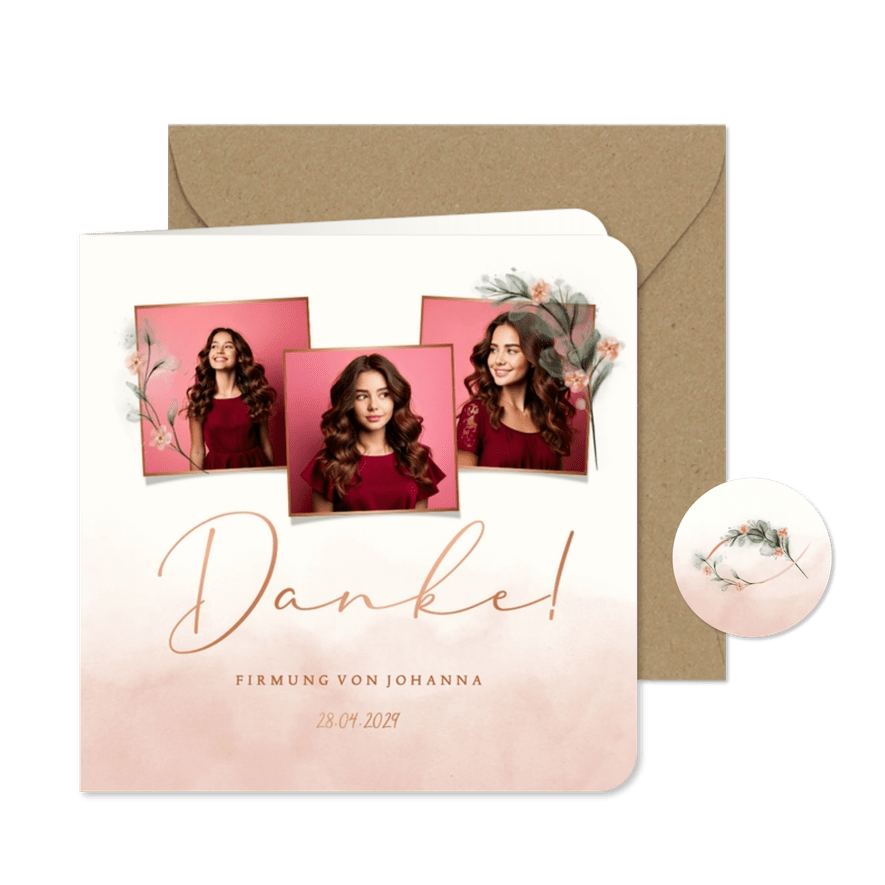 Foto-Dankeskarte Firmung rosa Aquarell Zweige - Karteneindruck
