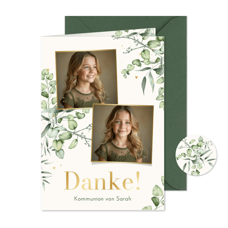 Foto-Dankeskarte grüne Zweige Eukalyptus hellbeige - Kartenvorschau