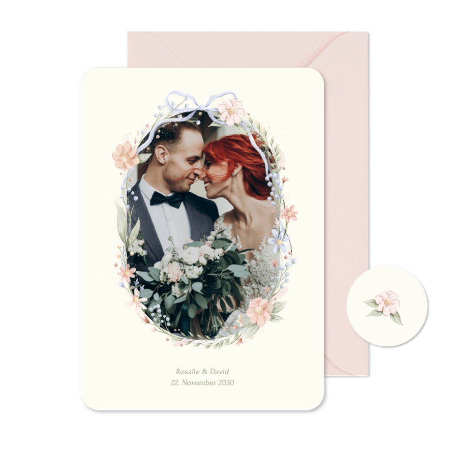 Foto-Dankeskarte Hochzeit Blumenkranz und Schleife - Karteneindruck