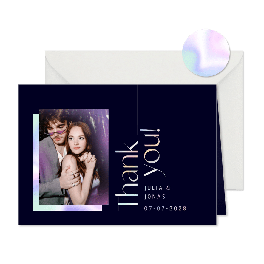 Foto-Dankeskarte Hochzeit holografischer Schriftzug - Karteneindruck
