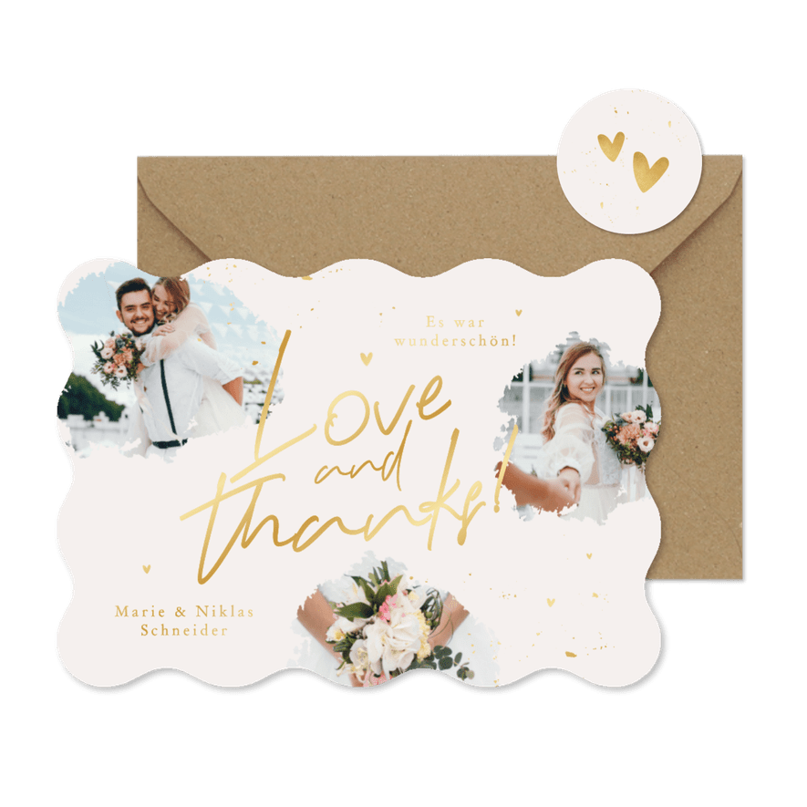 Foto-Dankeskarte Hochzeit 'Love & Thanks' Goldschrift - Kartenvorschau

