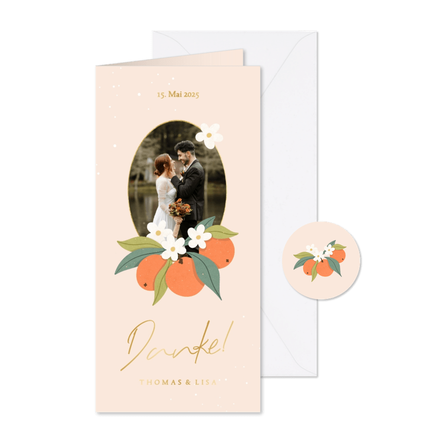 Foto-Dankeskarte Hochzeit Orangenblüten - Karteneindruck
