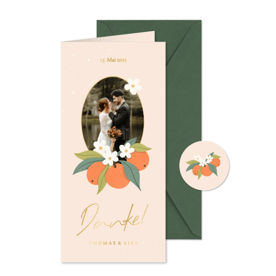 Foto-Dankeskarte Hochzeit Orangenblüten - Karteneindruck
