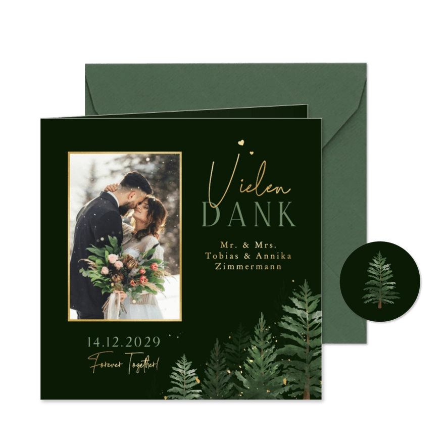 Foto-Dankeskarte Hochzeit Tannenbäume Winterwald - Karteneindruck
