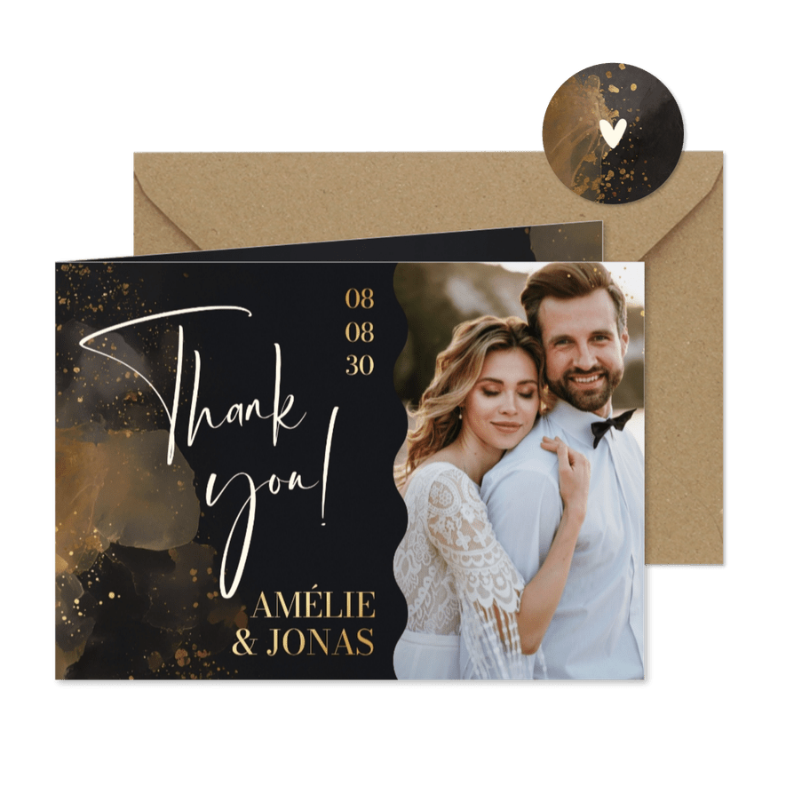 Foto-Dankeskarte Hochzeit Wasserfarbe Grau Gold - Karteneindruck