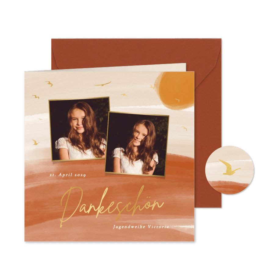 Foto-Dankeskarte Jugendweihe Aquarell Sonne Vögel - Karteneindruck
