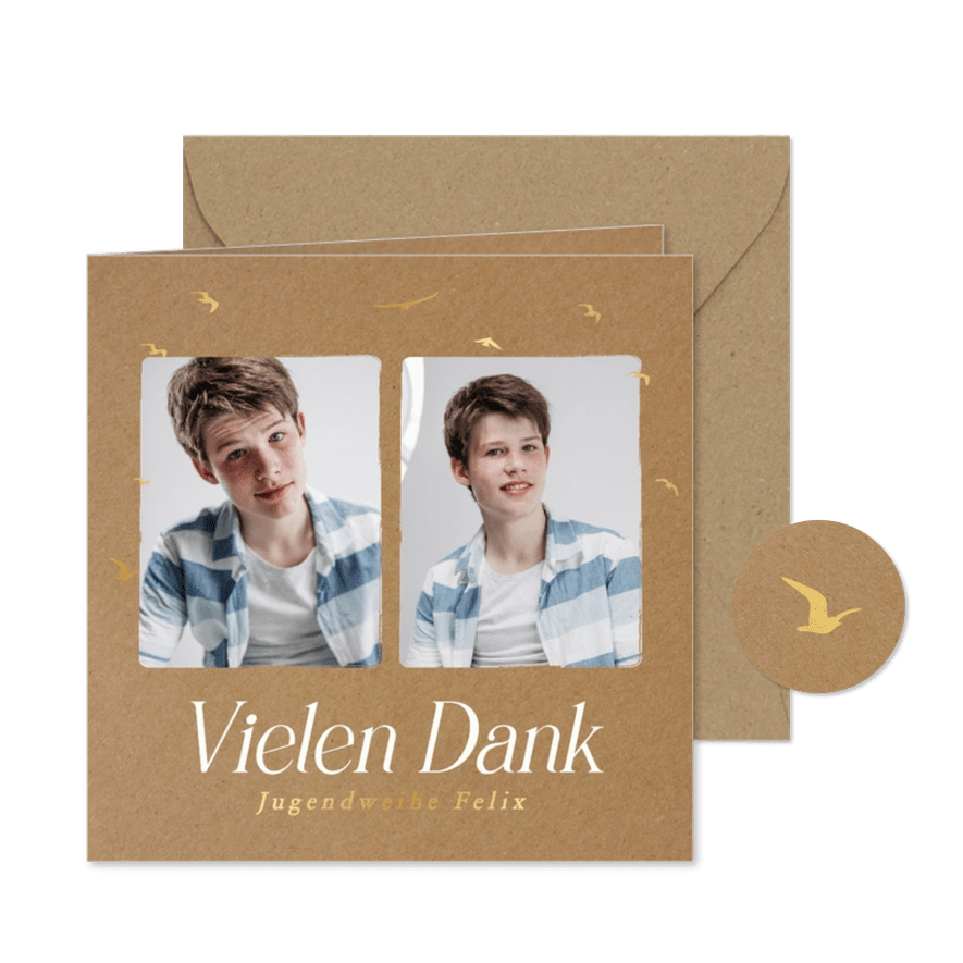Foto-Dankeskarte Jugendweihe auf Kraftpapier mit Vögeln - Karteneindruck
