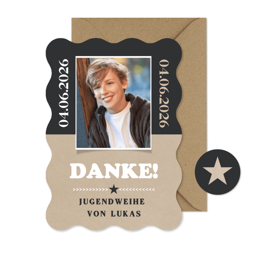 Foto-Dankeskarte Jugendweihe Wellenrand Kraftlook & Schwarz - Karteneindruck
