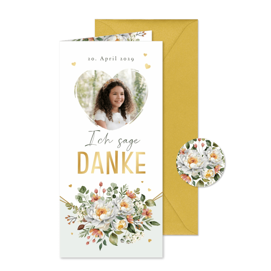 Foto-Dankeskarte Kommunion Blumenbukett Golddruck - Karteneindruck