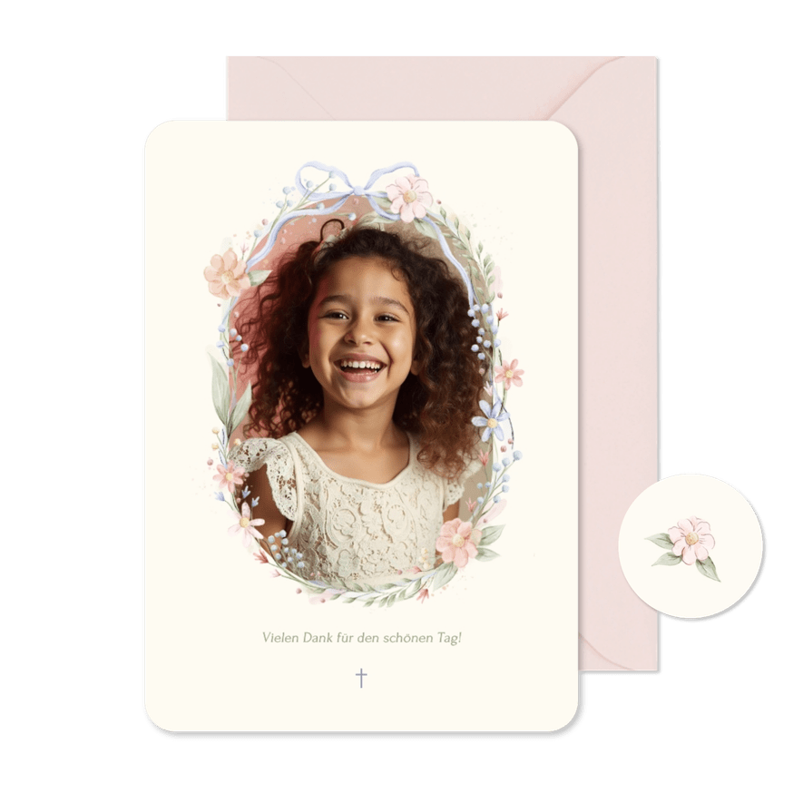 Foto-Dankeskarte Kommunion Blumenkranz Schleife Beige - Karteneindruck
