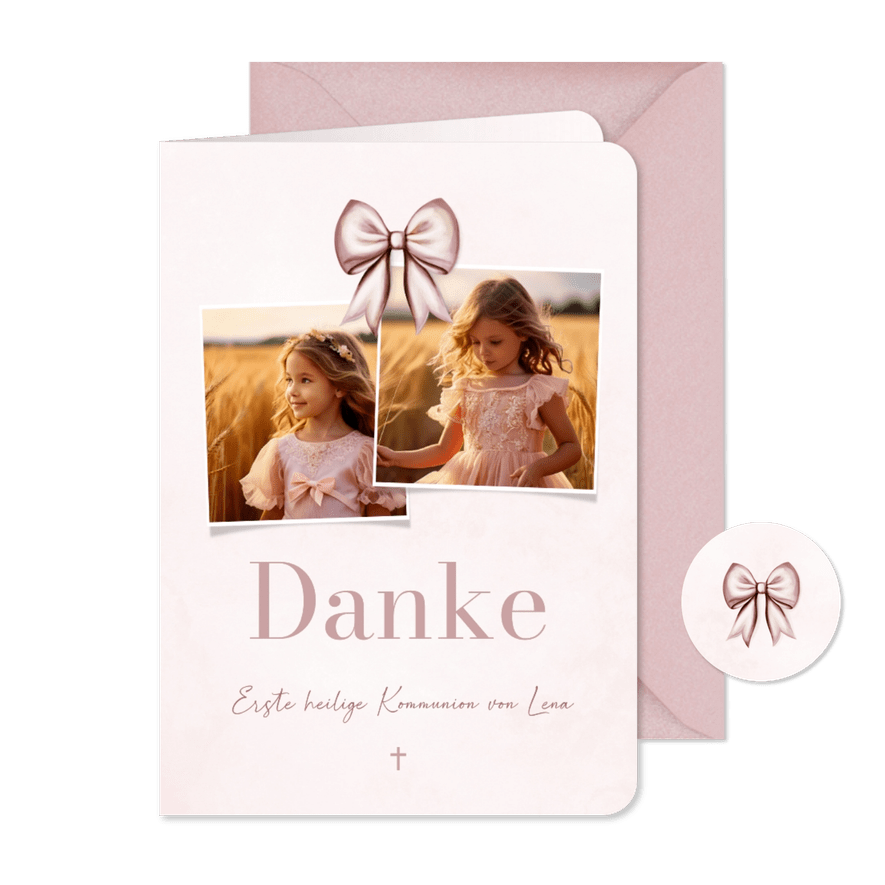 Foto-Dankeskarte Kommunion in Rosa mit Schleife - Kartenvorschau