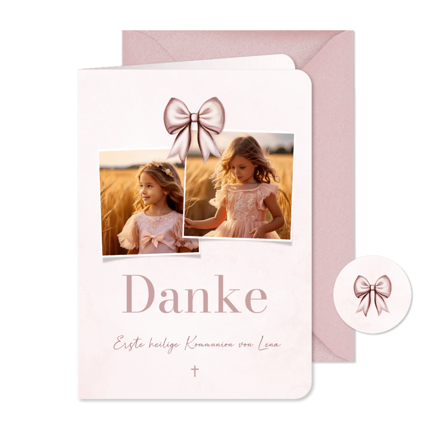 Foto-Dankeskarte Kommunion in Rosa mit Schleife - Kartenvorschau