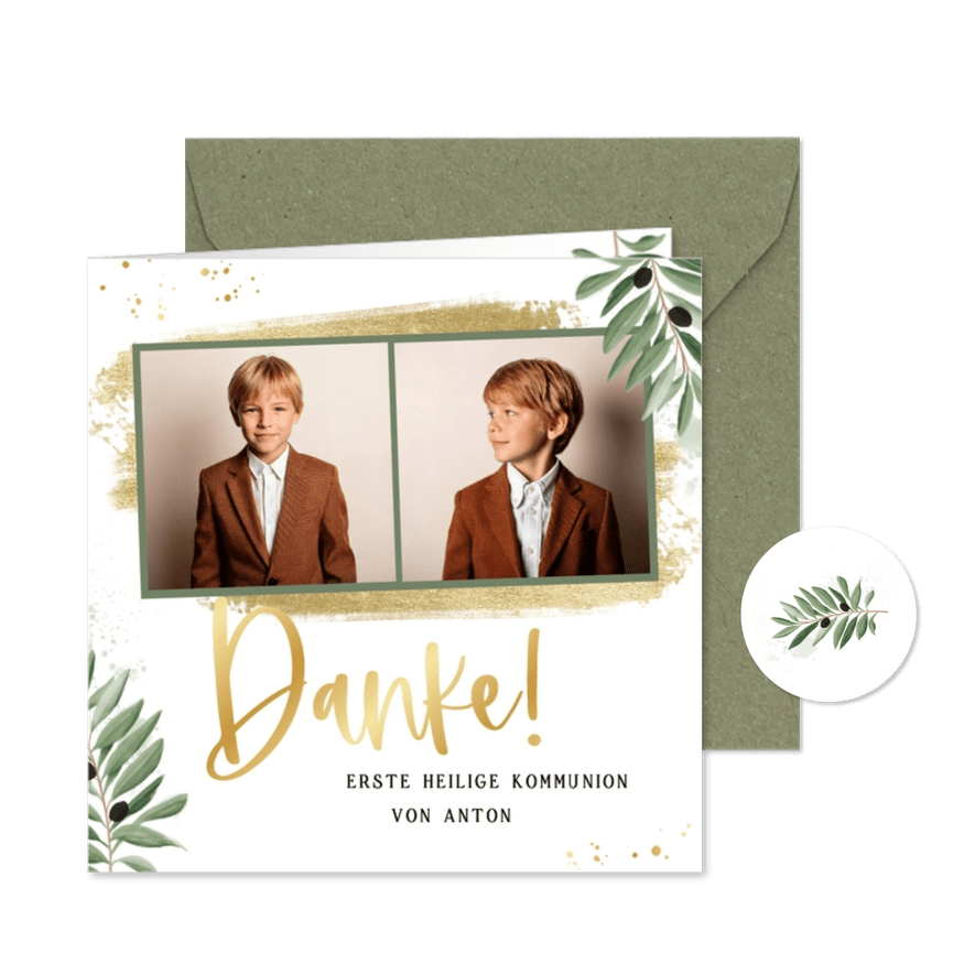 Foto-Dankeskarte Kommunion Olivenzweige Aquarelloptik - Karteneindruck