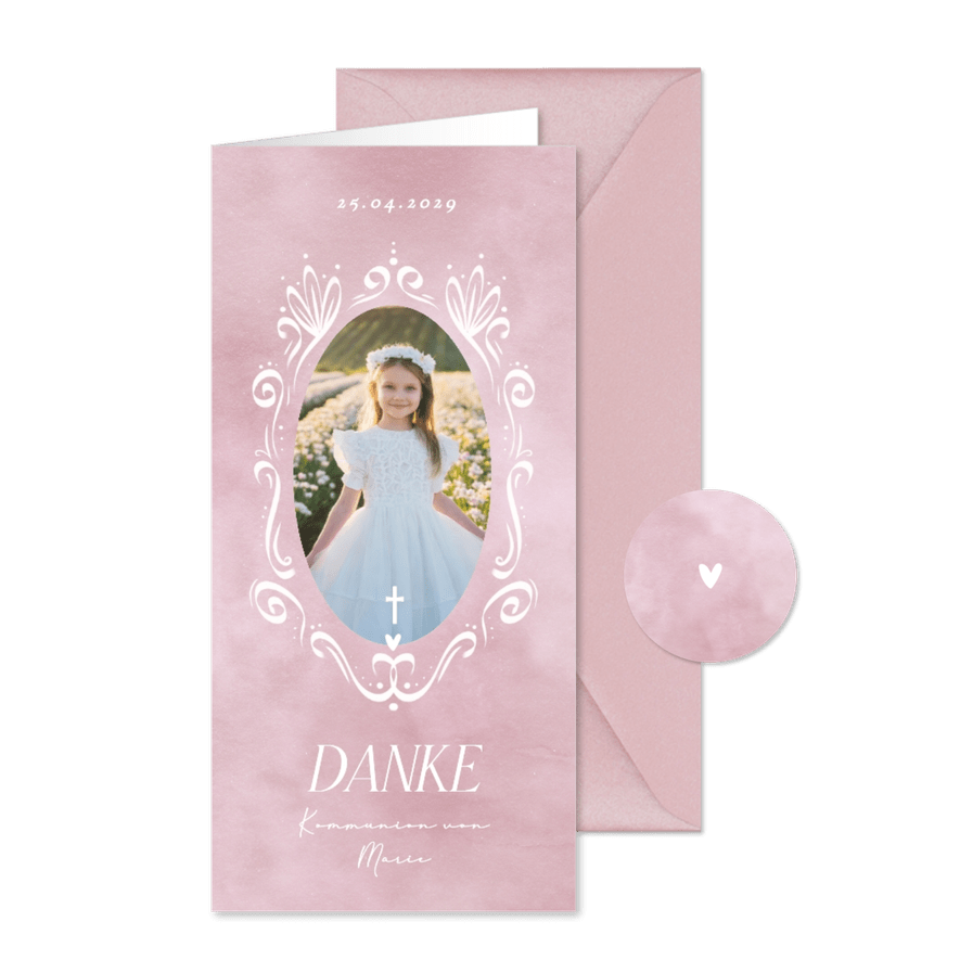 Foto-Dankeskarte Kommunion rosa Aquarell mit Rahmen - Karteneindruck
