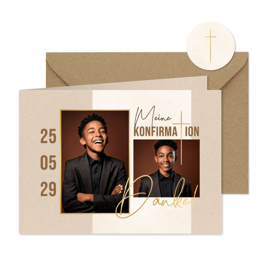 Foto-Dankeskarte Konfirmation beige Papierstruktur - Karteneindruck
