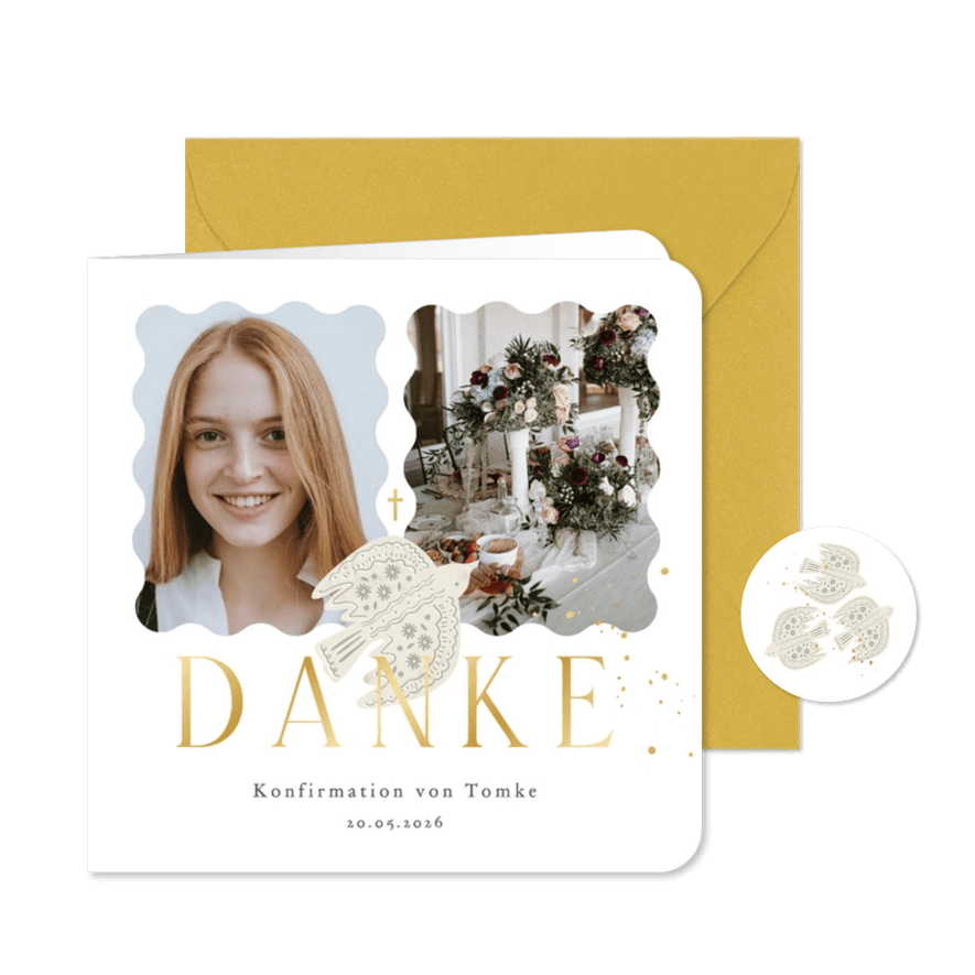 Foto-Dankeskarte Konfirmation drei Tauben Goldschrift - Kartenvorschau