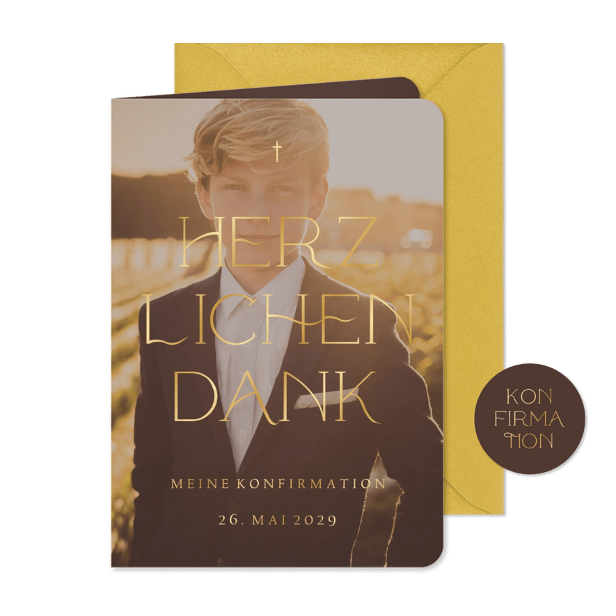 Foto-Dankeskarte Konfirmation elegante Goldschrift - Karteneindruck