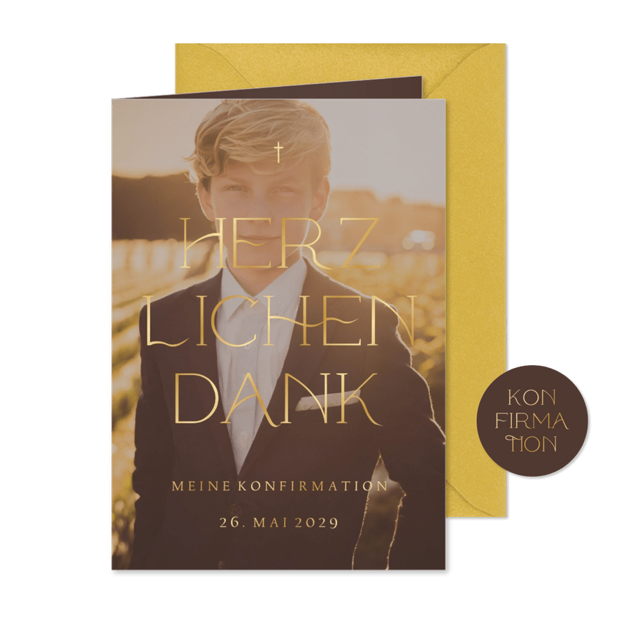 Foto-Dankeskarte Konfirmation elegante Goldschrift - Karteneindruck