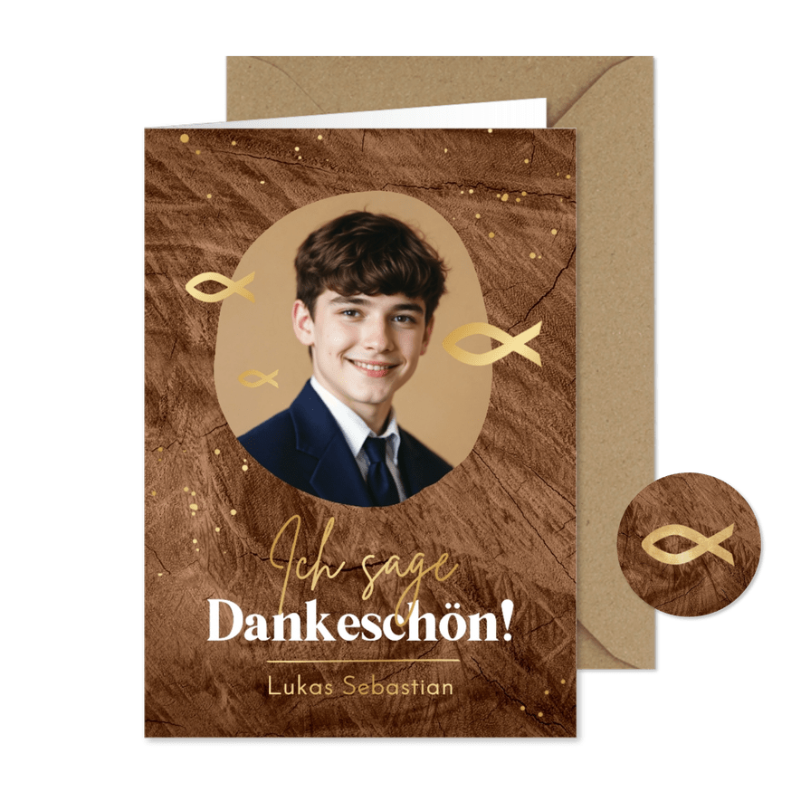 Foto-Dankeskarte Konfirmation Fische Holzoptik - Karteneindruck