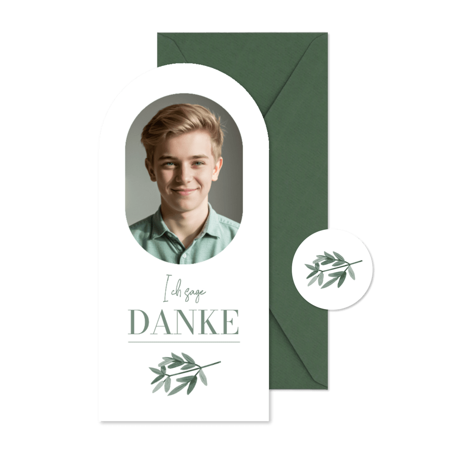Foto-Dankeskarte Konfirmation stilisierte dunkelgrüne Zweige - Kartenvorschau