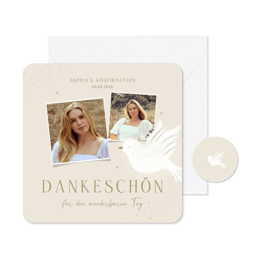 Foto-Dankeskarte Konfirmation weiße Taube auf Pastellbraun - Karteneindruck
