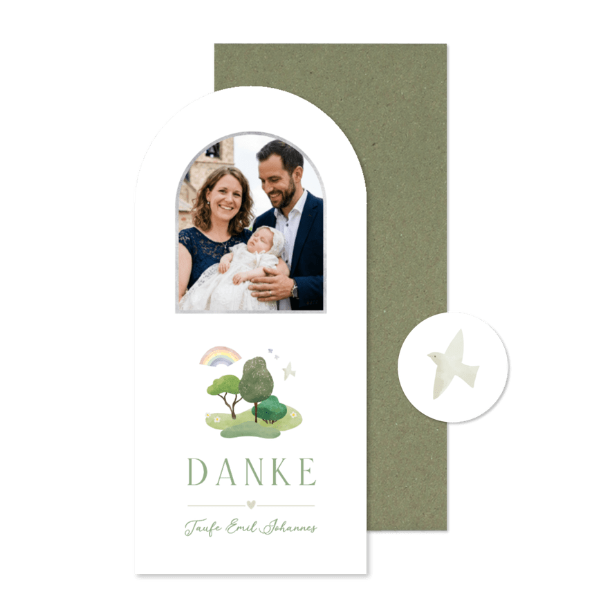 Foto-Dankeskarte Taufe Bäume, Regenbogen & Taube - Karteneindruck
