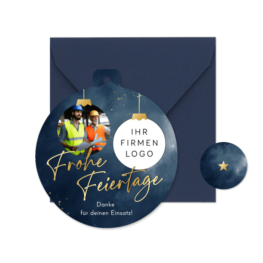 Foto-Dankeskarte Weihnachtskugel mit Logo Aquarell Blau - Karteneindruck