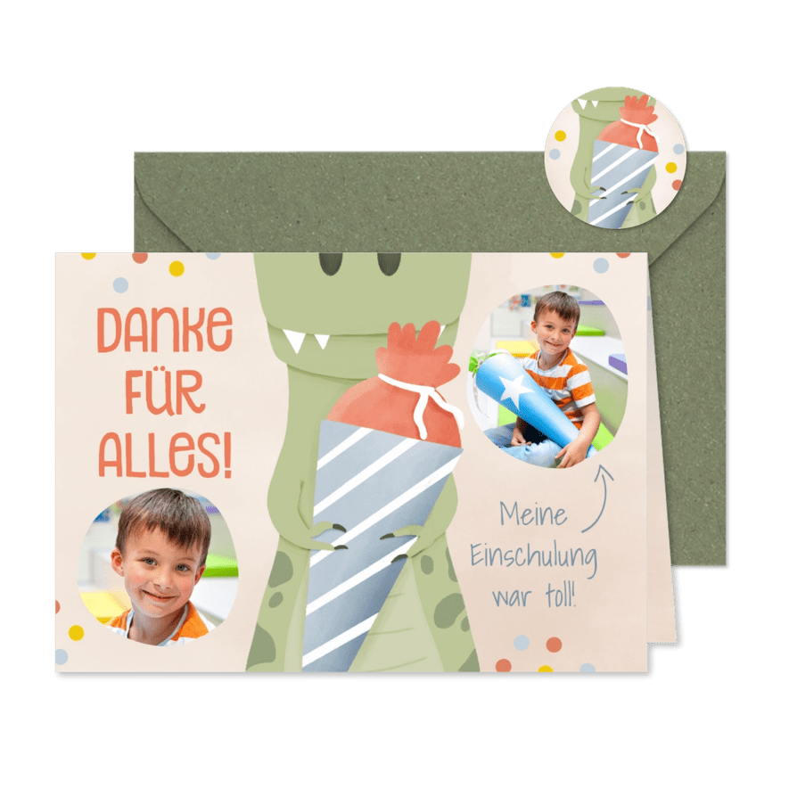 Foto-Dankeskarte zur Einschulung Dino mit Schultüte - Karteneindruck