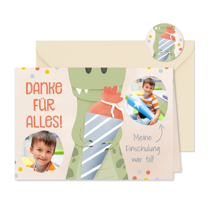 Foto-Dankeskarte zur Einschulung Dino mit Schultüte - Karteneindruck
