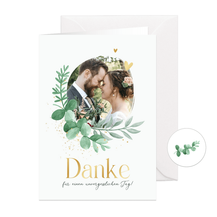 Foto-Dankeskarte zur Hochzeit Blattgrün & Text in Gold - Karteneindruck
