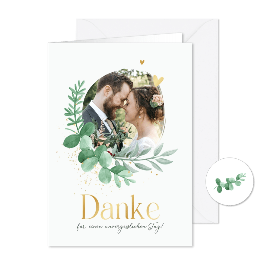 Foto-Dankeskarte zur Hochzeit Blattgrün & Text in Gold - Karteneindruck
