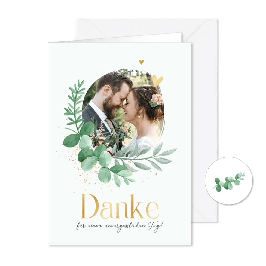Foto-Dankeskarte zur Hochzeit Blattgrün & Text in Gold - Karteneindruck
