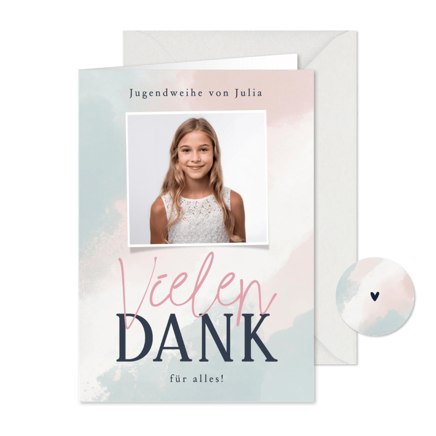 Foto-Dankeskarte zur Jugendweihe Blau Rosa Aquarell - Karteneindruck